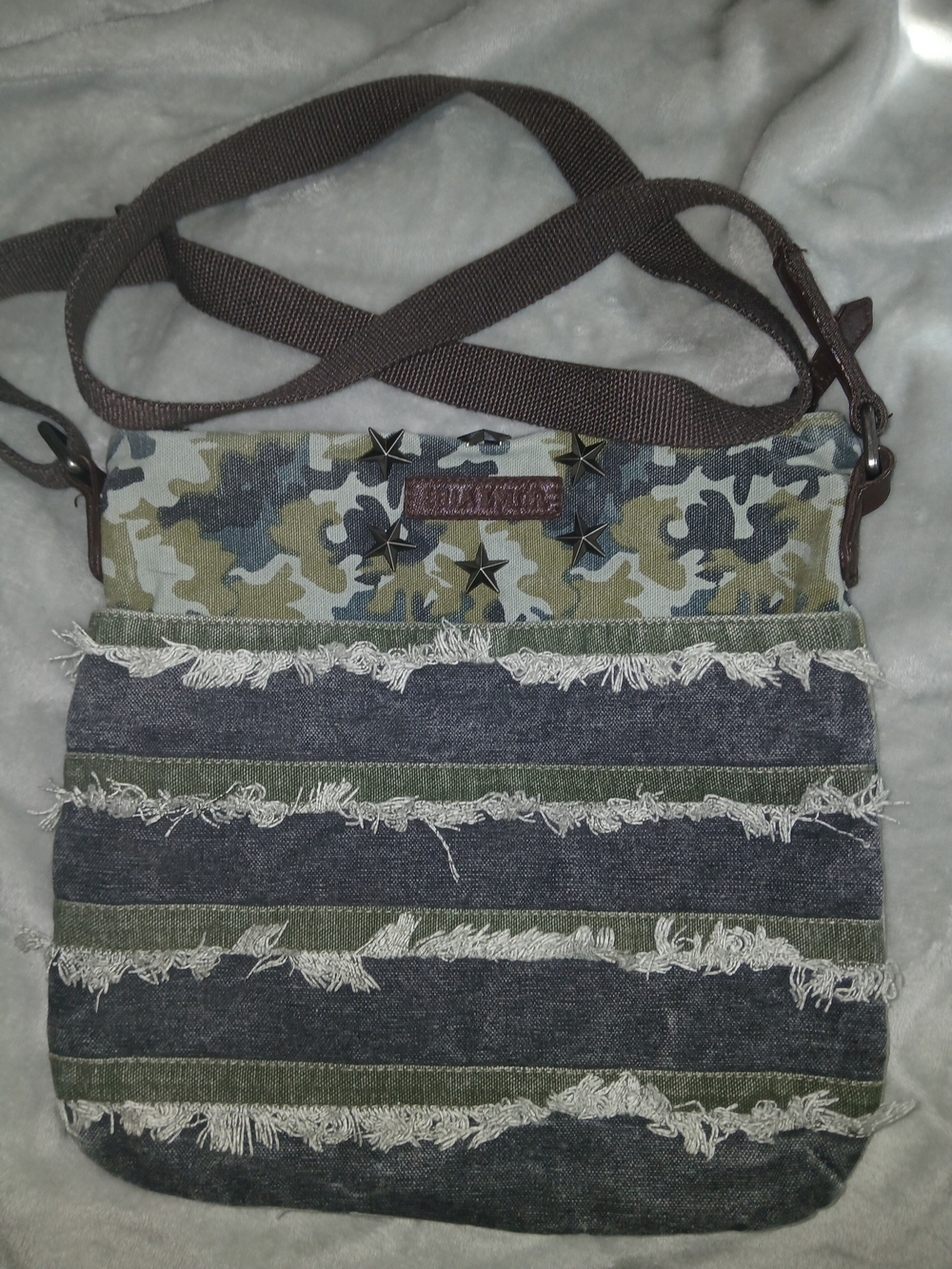 Fringed Camouflage Crossbody Satchel - Olive/Gray
